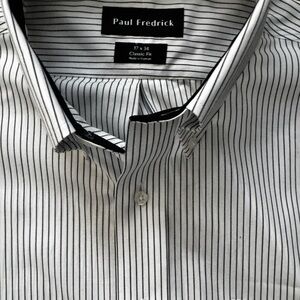Paul Fredrick NWTs men's white and black striped button-down dress shirt 17/34